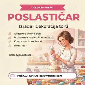 Oglas za posao Poslastičar Torte Šablon Poslasticarka ukrasava tortu