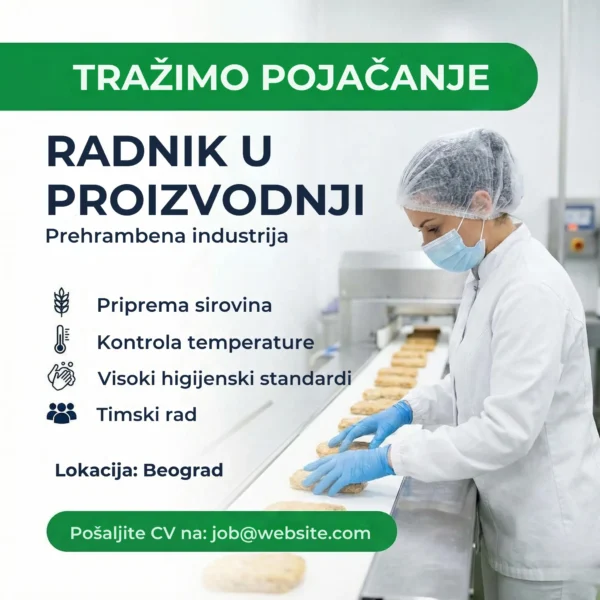 Oglas za posao Radnik u Proizvodnji Prahrambena Šablon Radnik u belom mantilu pakuje hranu
