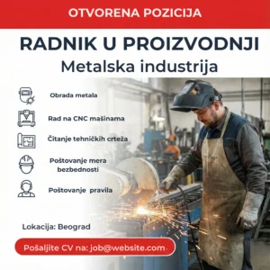Oglas za posao Radnik u Proizvodnji Radionica Šablon Radnik brusi metal u radionici