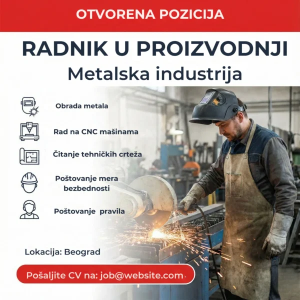 Oglas za posao Radnik u Proizvodnji Radionica Šablon Radnik brusi metal u radionici