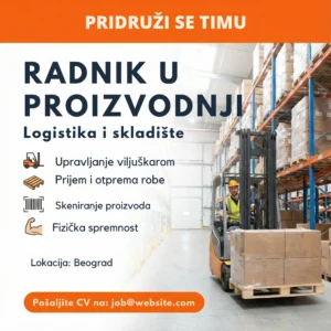 Oglas za posao Radnik u Proizvodnji Skladište Šablon Radnik sa paletarom