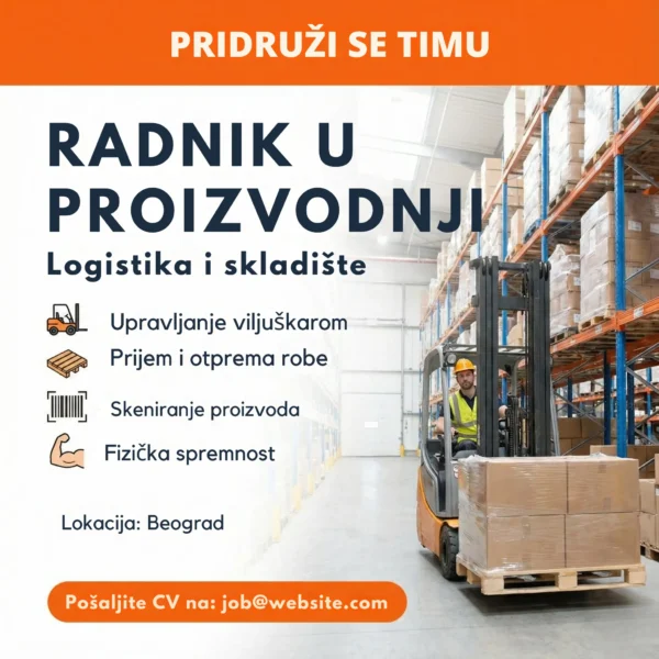 Oglas za posao Radnik u Proizvodnji Skladište Šablon Radnik sa paletarom