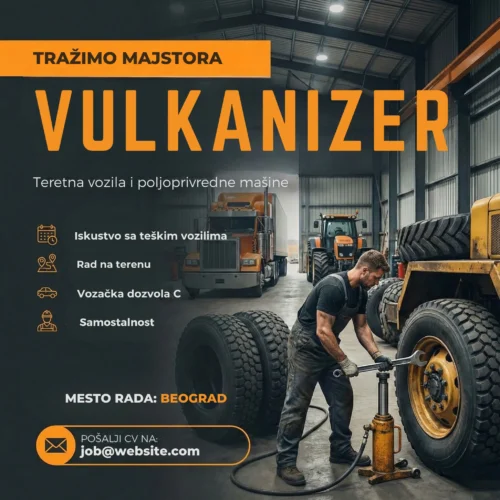 Oglas za posao Vulkanizer Poljoprivreda Šablon Vulkanizer menja gumu na traktoru