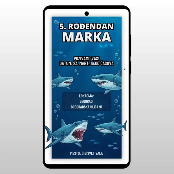 Digitalna pozivnica sa motivom ajkula i mora