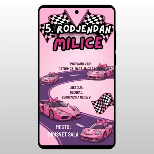 Pozivnica Za Rođendan Automobili Roze Roze pozivnica sa trkackim automobilima