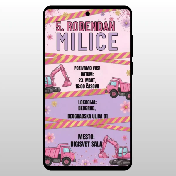 Pozivnica sa gradjevinskim masinama u roze boji