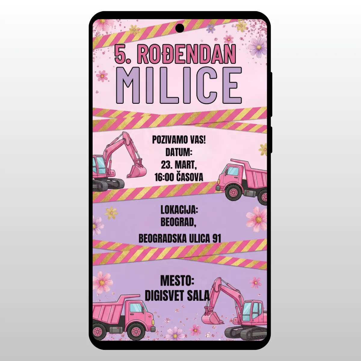 Pozivnica sa gradjevinskim masinama u roze boji