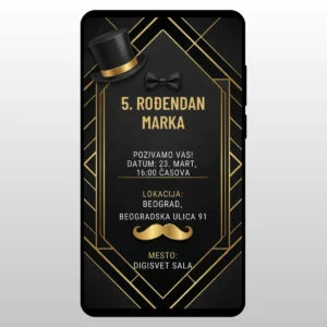 Pozivnica Za Rođendan Džentlmen Brkovi Crna pozadina sa zlatnim brkovima i sesirom