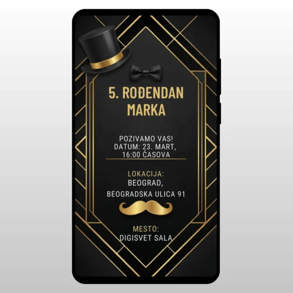 Pozivnica Za Rođendan Džentlmen Brkovi Crna pozadina sa zlatnim brkovima i sesirom