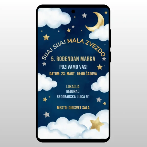 Pozivnica Za Rođendan Laku Noć Mesec i zvezde na tamnom nebu