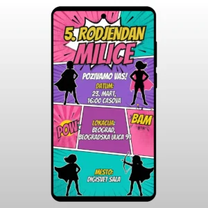 Pozivnica Za Rođendan Strip Heroina Strip stil sa oblacicima